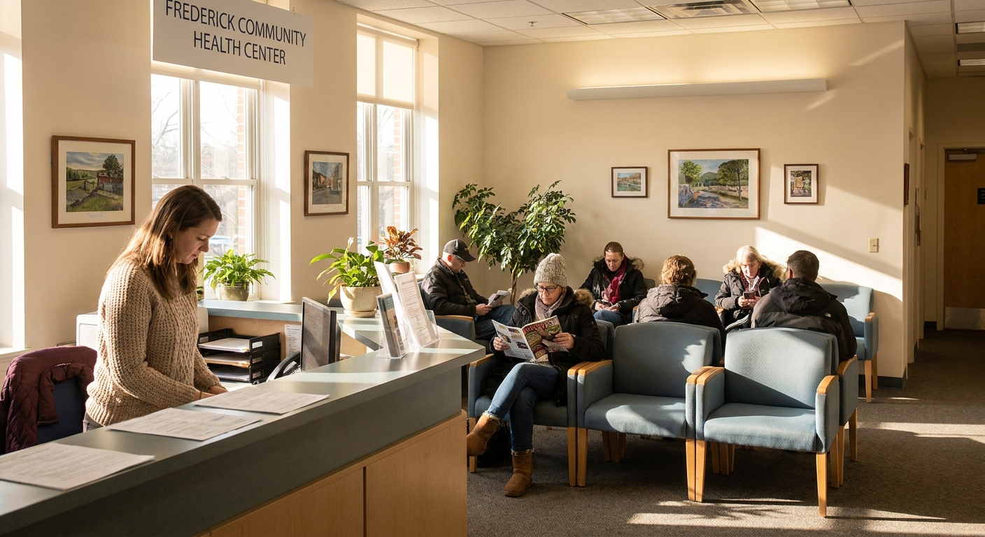 Welcoming intake area at a Frederick healthcare facility with morning light and reception desk, representing accessible Medicaid-covered treatment services