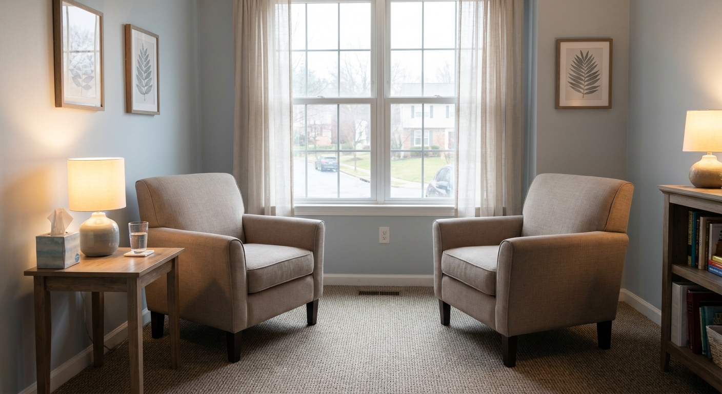 Empty counseling room with two chairs and natural window light at Genesis Treatment Center in Westminster, Maryland