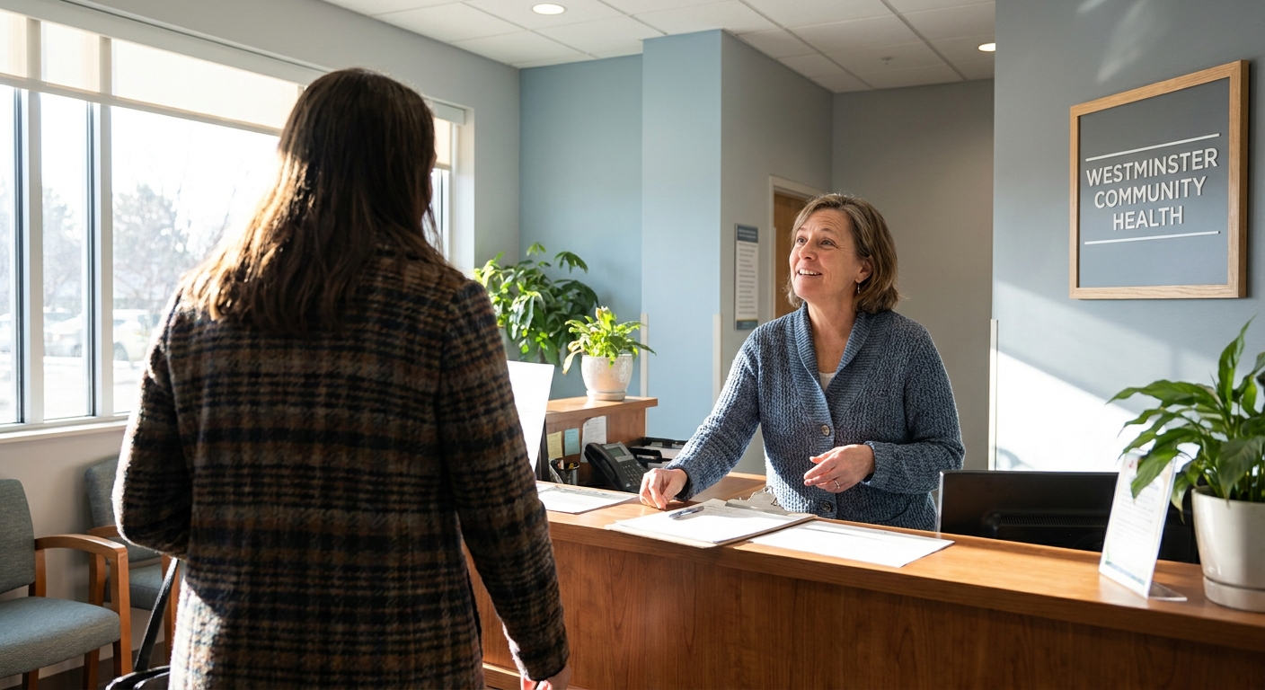 Person approaching reception desk at Genesis Treatment Center where intake coordinator greets them warmly during addiction treatment admissions process