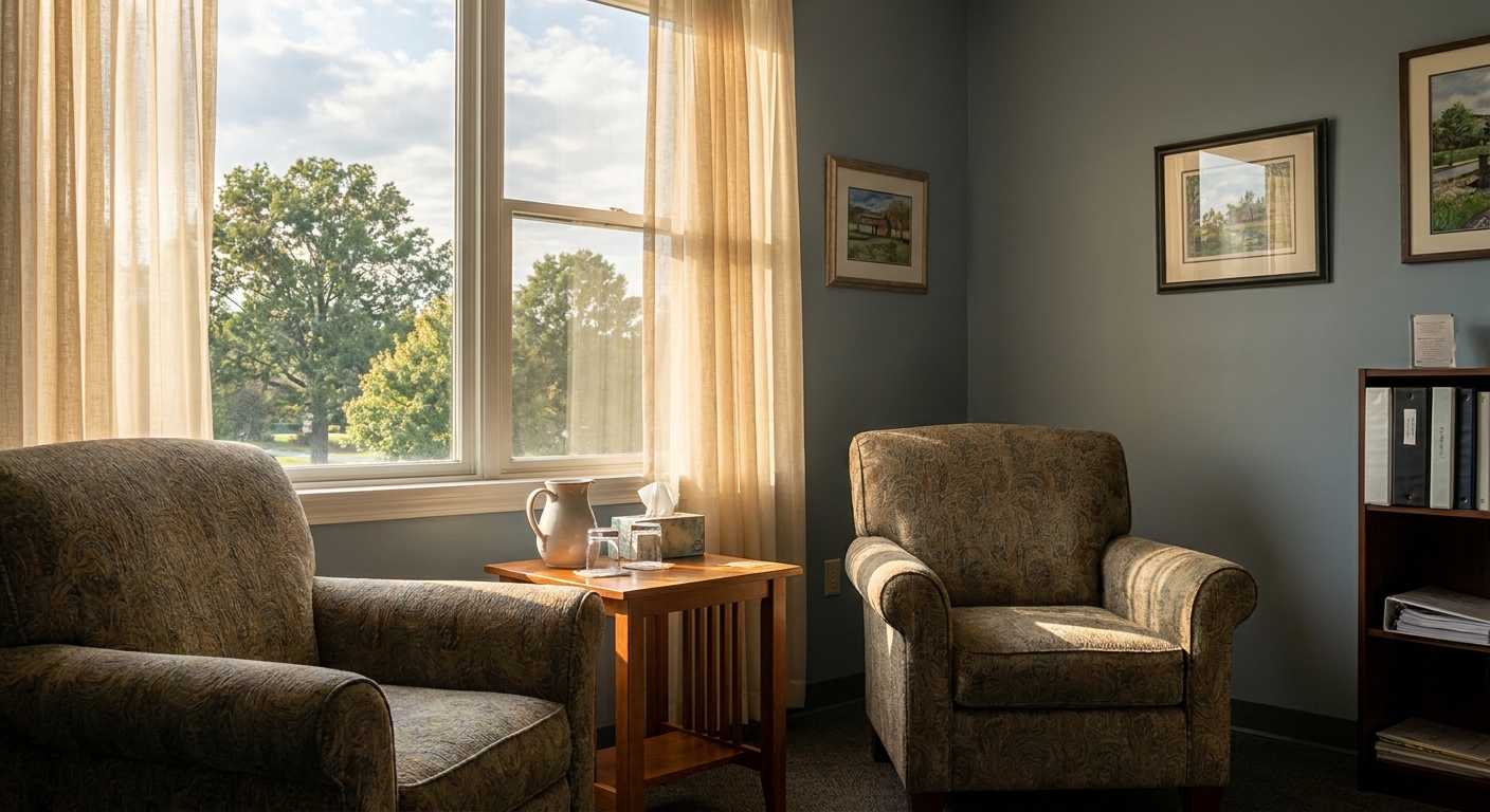 Comfortable counseling room with two chairs and natural window light at Genesis Treatment Center in Westminster, Maryland