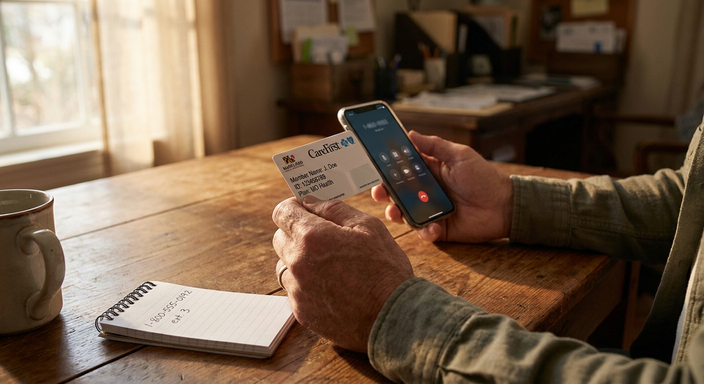 Person holding Maryland insurance card and phone, preparing to verify coverage for addiction treatment