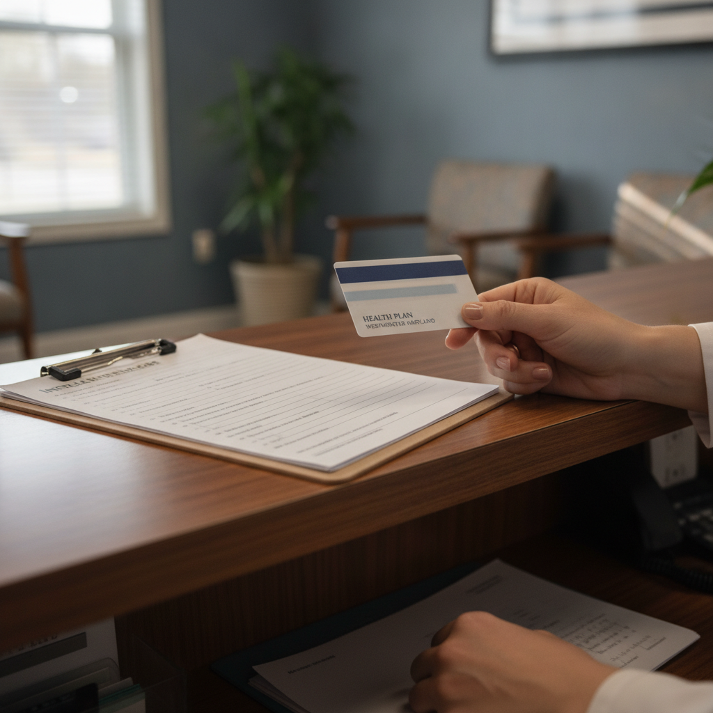 Hands holding insurance card at Genesis Treatment Services reception desk during addiction treatment intake appointment in Westminster