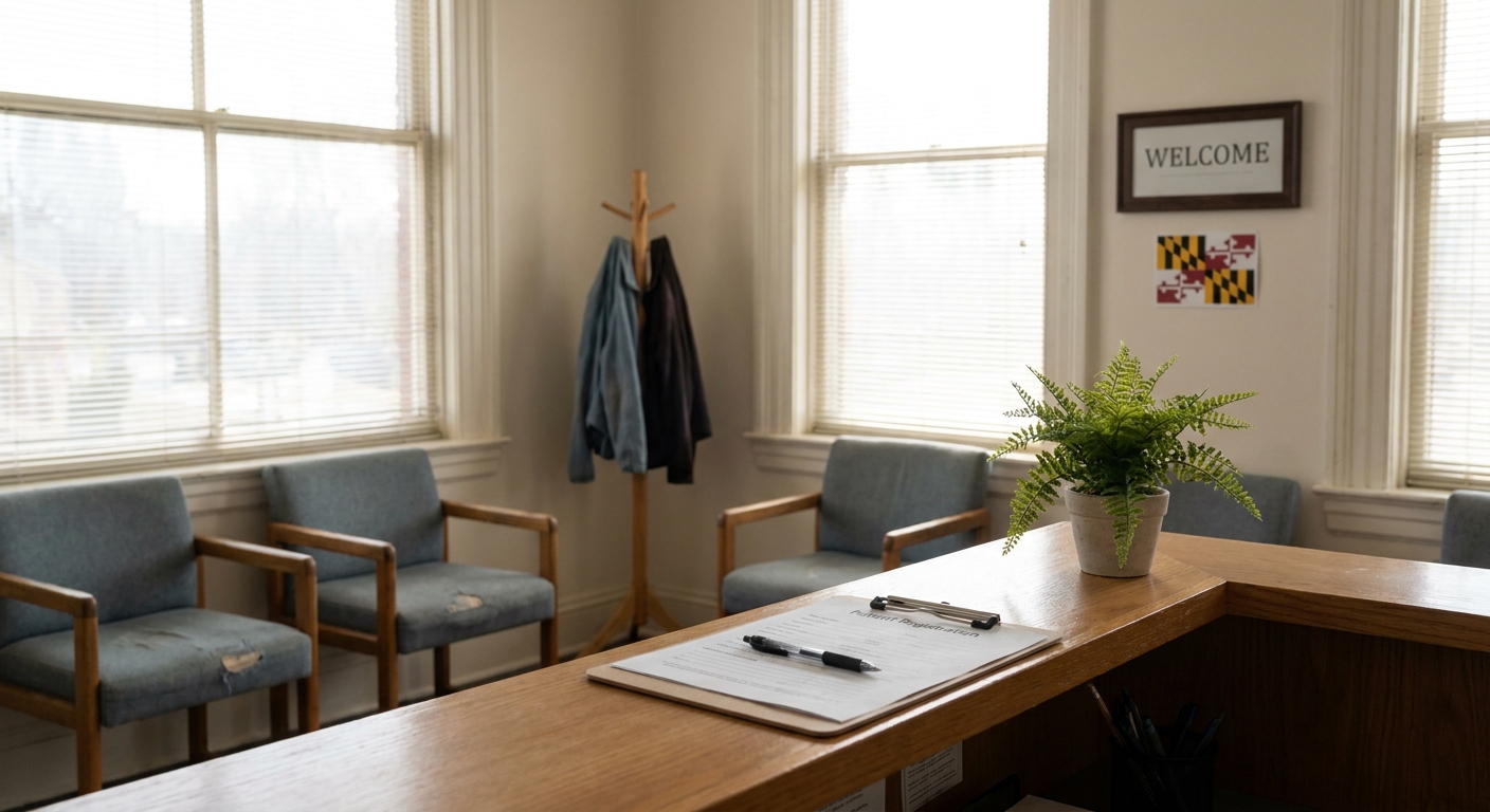 Calm medical clinic waiting room with reception desk and intake paperwork, conveying accessible and dignified addiction treatment services in Maryland