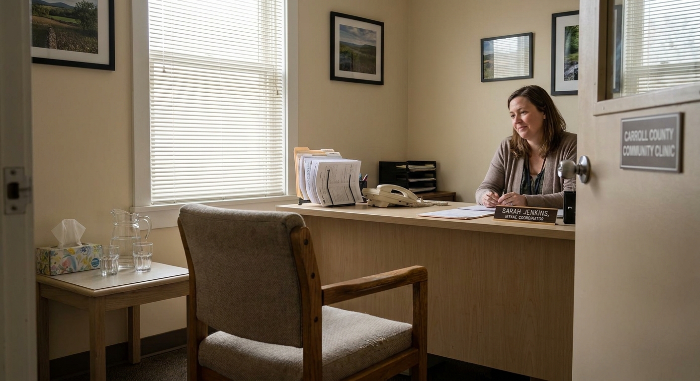Intake office at Genesis Treatment Center in Westminster, MD showing a welcoming desk setup where families call to begin alcohol treatment with Medicaid coverage